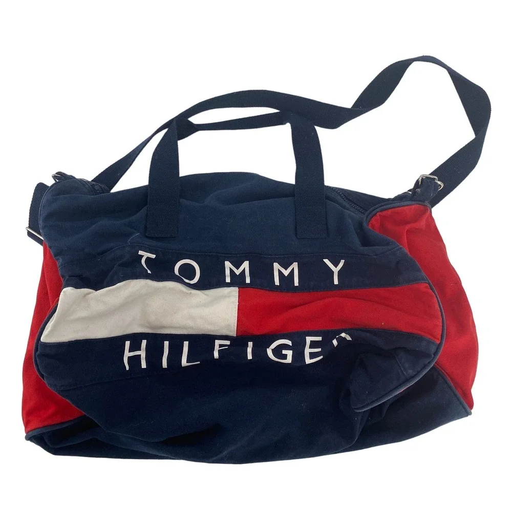VTG Tommy Hilfiger Duffle Bag Men Blue Red Spell Out Casual Travel Gym Weekender